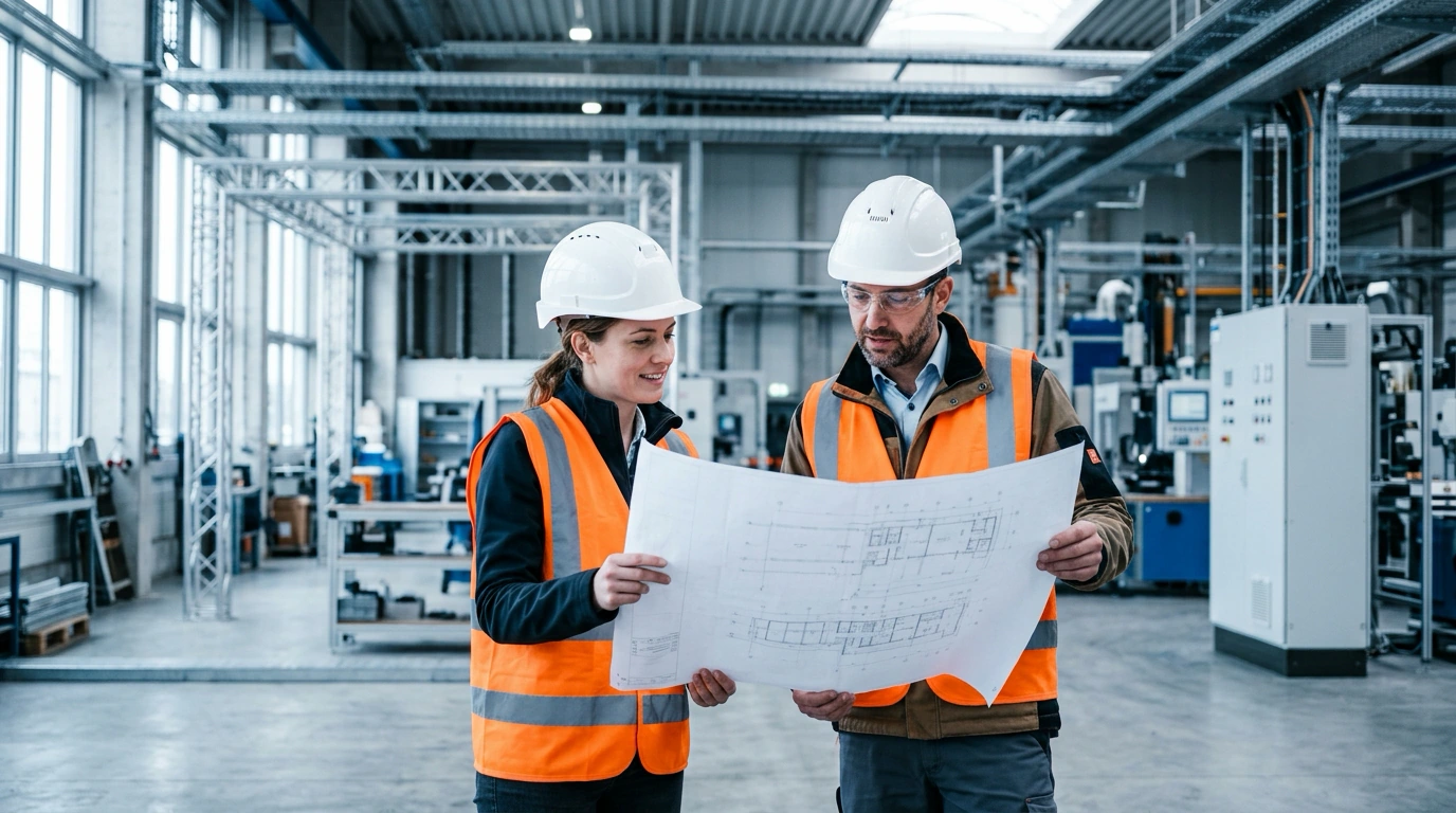 Zwei Bauingenieure mit Helm besprechen einen Plan in einer Industriehalle