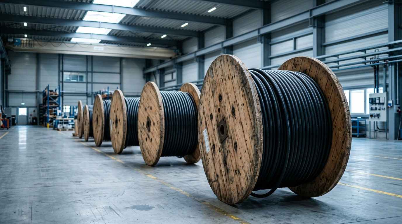 Kabeltrommeln mit Energiekabeln in einer Industriehalle